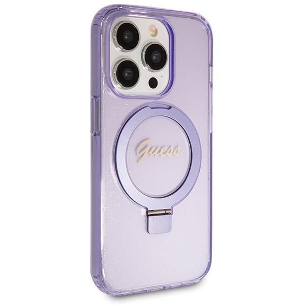 Nugarėlės dėklai Guess Guess Ring Stand Script Glitter MagSafe case for iPhone 14 Pro - purple