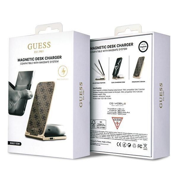Adapteris Guess Guess 4G Pattern MagSafe foldable 2in1 15W inductive charger - brown