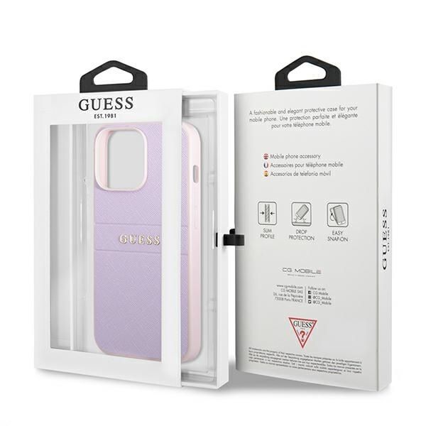 Aizmugurējais vāciņš Guess Guess GUHCP13LPSASBPU iPhone 13 Pro / 13 6.1" purple/purple Saffiano Hot Stamp & Metal Logo