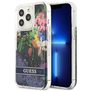 Aizmugurējais vāciņš Guess  Guess Flower Liquid Glitter case for iPhone 13 Pro Max - blue