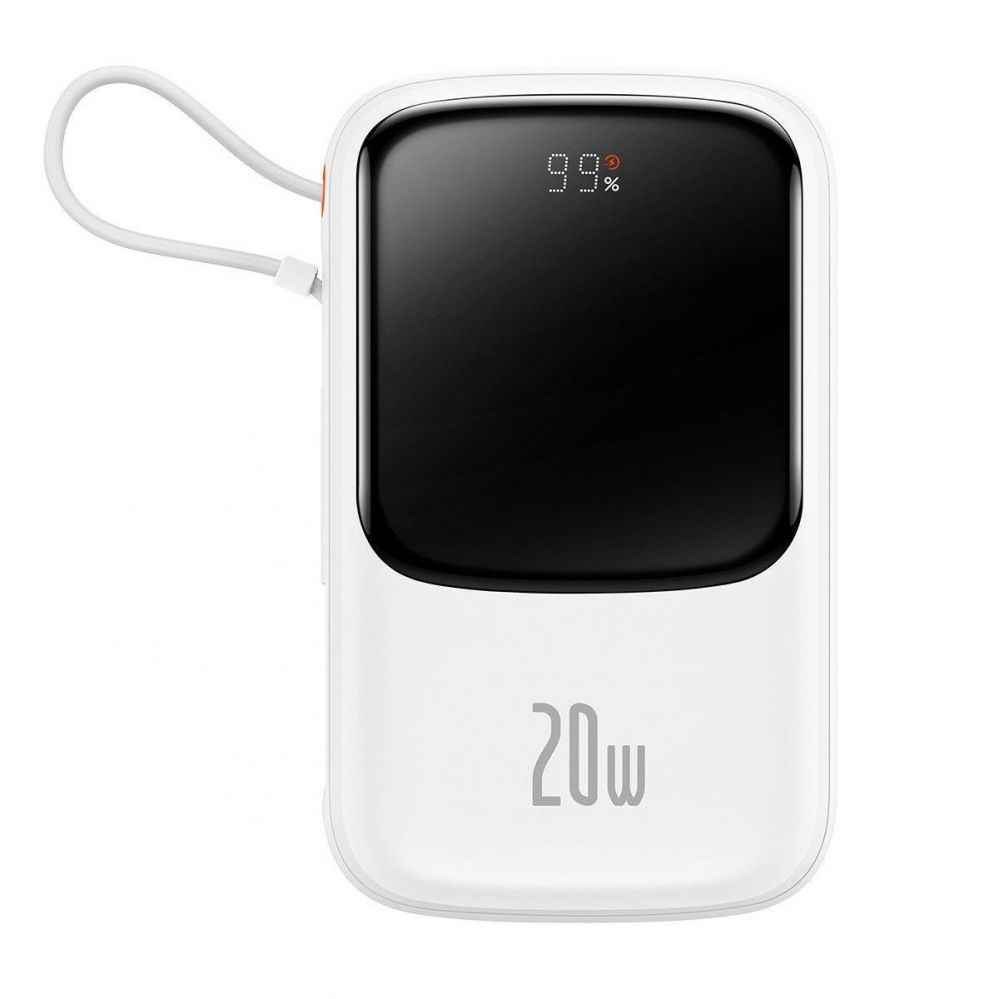 Ārējais akumulators Baseus Baseus Qpow Digital Display Power Bank with Fast Charging 10000mAh 20W QC/PD/SCP/FCP with Built-in Lightning Cable White