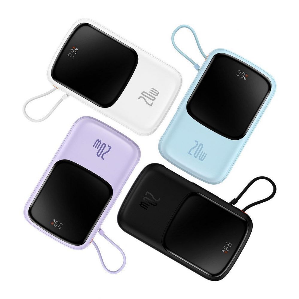 Ārējais akumulators Baseus Baseus Qpow Digital Display Power Bank with Fast Charging 10000mAh 20W QC/PD/SCP/FCP with Built-in Lightning Cable White
