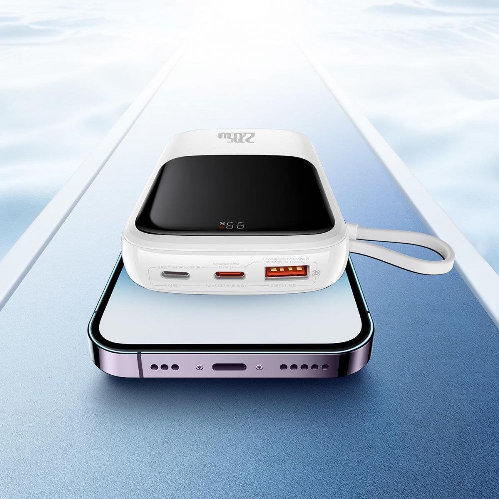 Ārējais akumulators Baseus Baseus Qpow Digital Display Power Bank with Fast Charging 10000mAh 20W QC/PD/SCP/FCP with Built-in Lightning Cable White