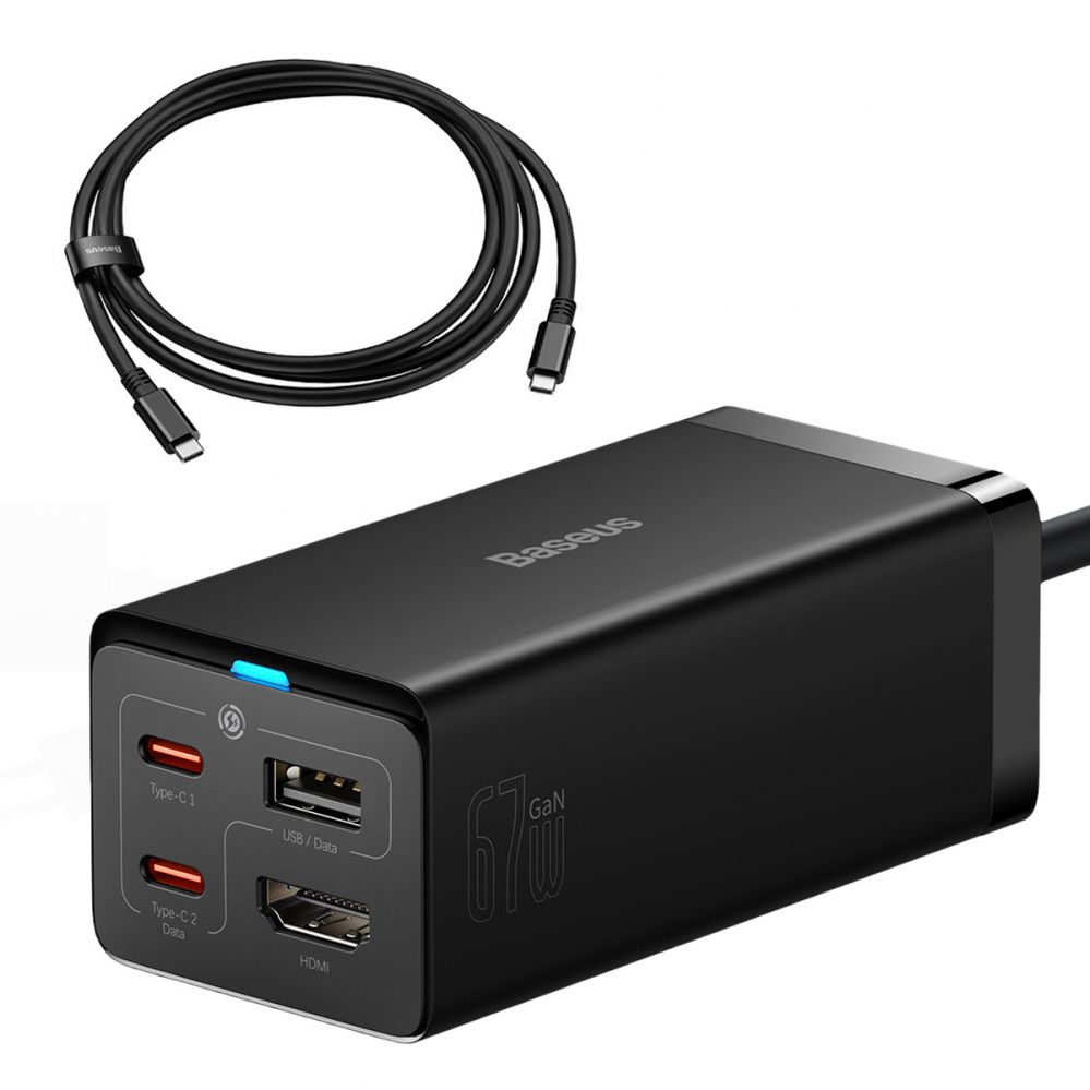 Kaabel Baseus Baseus fast charger GaN5 Pro HUB HDMI 2 x USB-C / USB-A / HDMI 4K 30Hz 1.5m black + USB-C cable - USB-C 100W 40Gb/s (USB4) 1m (CCGP110201)