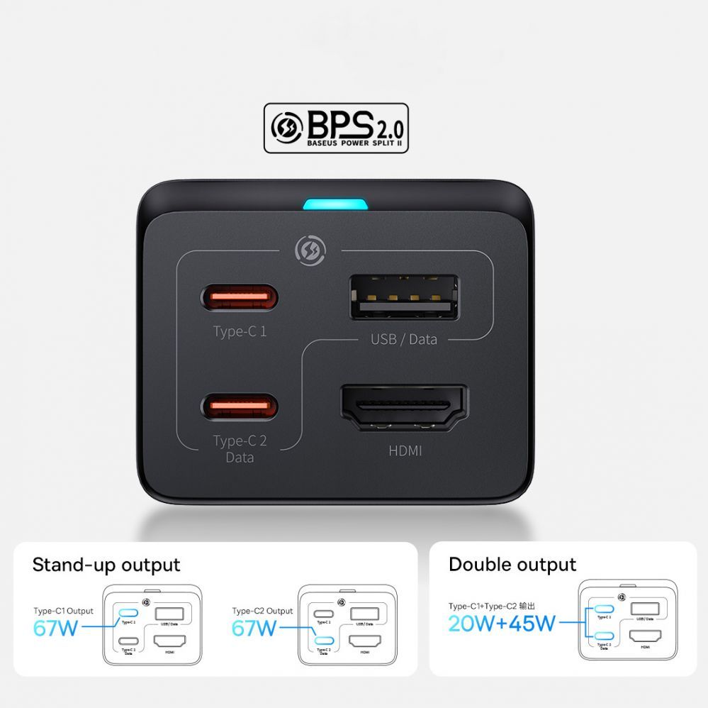 Kaabel Baseus Baseus fast charger GaN5 Pro HUB HDMI 2 x USB-C / USB-A / HDMI 4K 30Hz 1.5m black + USB-C cable - USB-C 100W 40Gb/s (USB4) 1m (CCGP110201)
