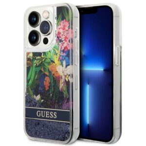Aizmugurējais vāciņš Guess  Guess Flower Liquid Glitter case for iPhone 14 Pro Max - blue 