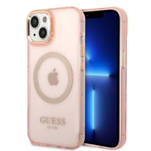Nugarėlės dėklai Guess  Guess GUHMP14SHTCMP iPhone 14 6.1" pink/pink hard case Gold Outline Translucent MagSafe 