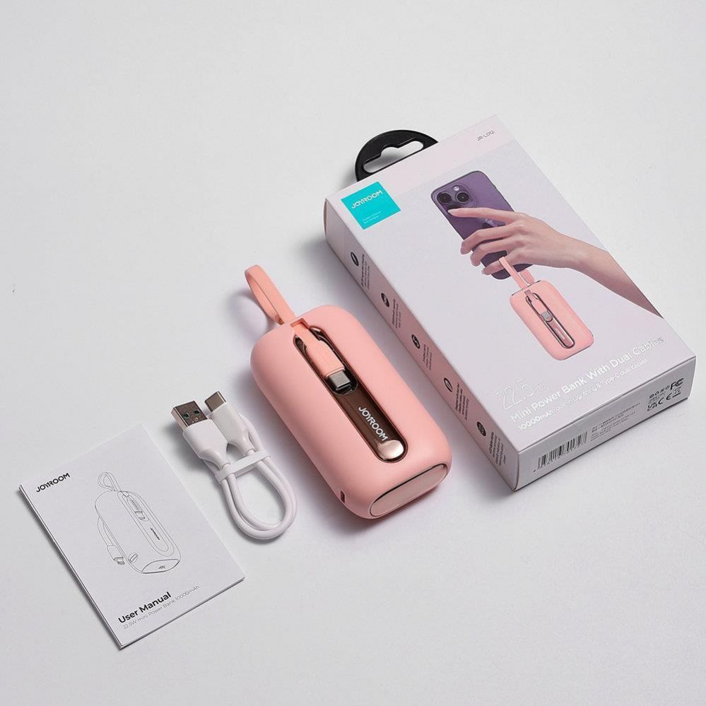 Väline aku Joyroom Joyroom mini powerbank 10000mAh Colorful Series 22.5W with 2 built-in USB C and Lightning cables pink (JR-L012)