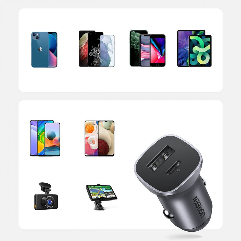 Auto charger Ugreen CD130 USB-A / USB-C 30W Car Charger Grey