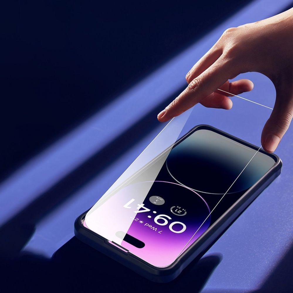 Protective glass Baseus Baseus Full Screen Tempered Glass for iPhone 14 Pro Max with Anti Blue Light Filter and 0.3mm Speaker Cover + Mounting Frame