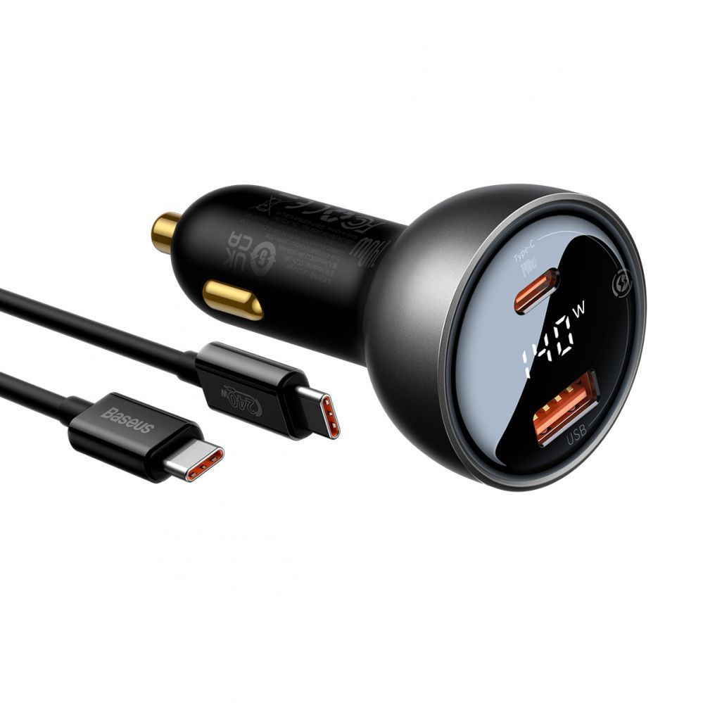Kaabel Baseus Baseus Digital Display Fast Car Charger USB-A / USB-C PD3.1 140W black + USB-C cable Baseus Superior Series 5A 240W 1m black (CGZX070001)