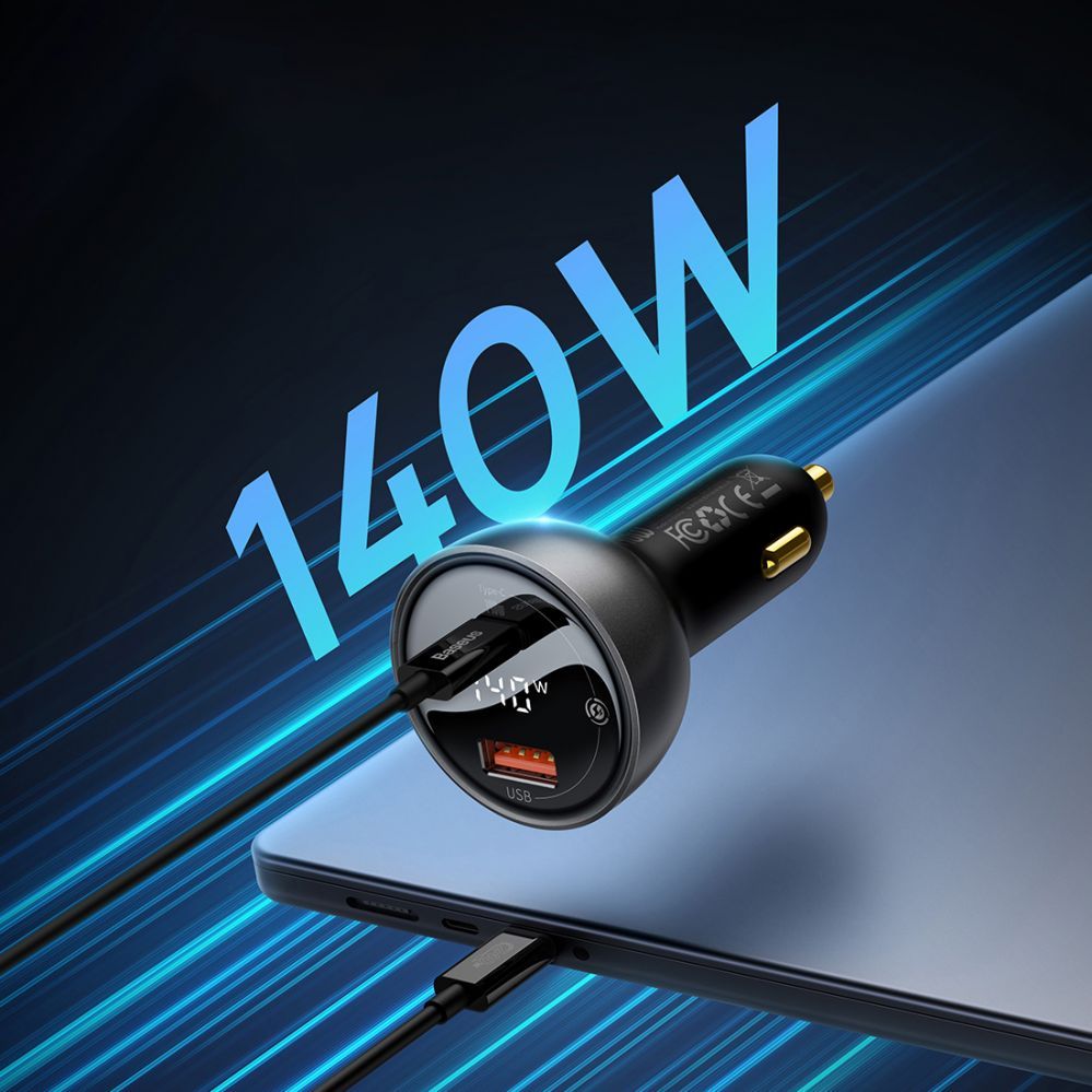 Kaabel Baseus Baseus Digital Display Fast Car Charger USB-A / USB-C PD3.1 140W black + USB-C cable Baseus Superior Series 5A 240W 1m black (CGZX070001)