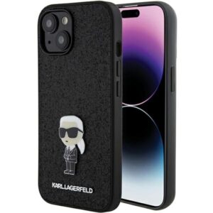Aizmugurējais vāciņš Karl Lagerfeld  Karl Lagerfeld Fixed Glitter Ikonik Logo Metal Pin case for iPhone 15 - black 