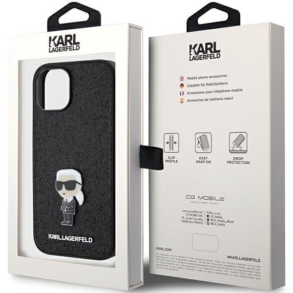 Back panel cover Karl Lagerfeld Karl Lagerfeld Fixed Glitter Ikonik Logo Metal Pin case for iPhone 15 - black