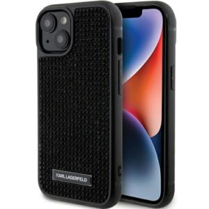 Nugarėlės dėklai Karl Lagerfeld  Karl Lagerfeld Rhinestone Logo Metal Plate case for iPhone 15 - black 