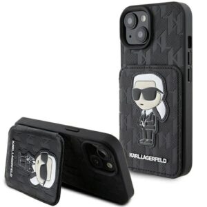 Nugarėlės dėklai Karl Lagerfeld  Karl Lagerfeld Saffiano Cardslots and Stand Monogram Ikonik Patch case for iPhone 15 - black 