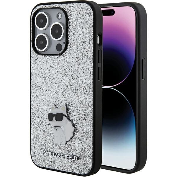 Back panel cover Karl Lagerfeld Karl Lagerfeld Fixed Glitter Choupette Logo Metal Pin Case for iPhone 15 Pro Max - Silver