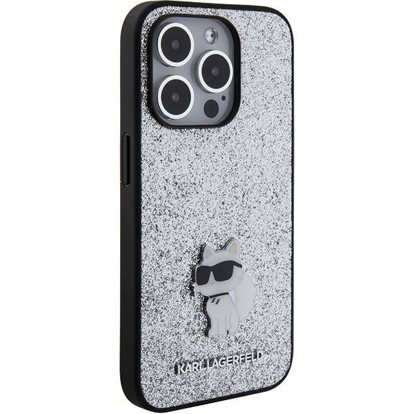 Back panel cover Karl Lagerfeld Karl Lagerfeld Fixed Glitter Choupette Logo Metal Pin Case for iPhone 15 Pro Max - Silver