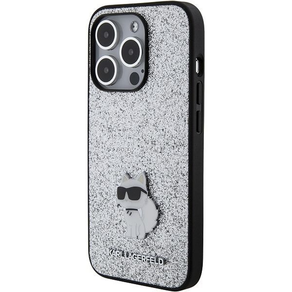 Back panel cover Karl Lagerfeld Karl Lagerfeld Fixed Glitter Choupette Logo Metal Pin Case for iPhone 15 Pro Max - Silver