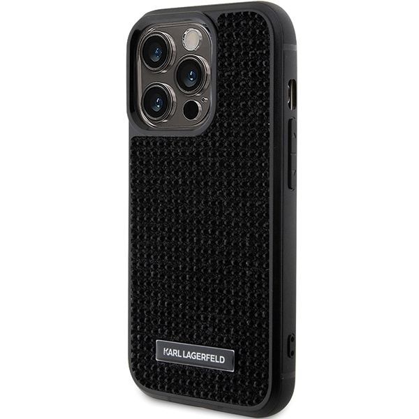 Tagakaaned Karl Lagerfeld Karl Lagerfeld Rhinestone Logo Metal Plate case for iPhone 15 Pro Max - black