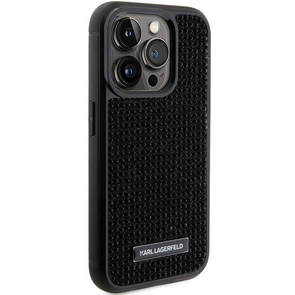 Tagakaaned Karl Lagerfeld Karl Lagerfeld Rhinestone Logo Metal Plate case for iPhone 15 Pro Max - black
