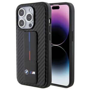 Aizmugurējais vāciņš BMW  BMW Grip Stand Smooth & Carbon case for iPhone 15 Pro - black 