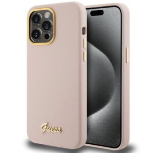 Nugarėlės dėklai Guess  Guess Silicone Script Metal Logo & Frame case for iPhone 15 Pro - pink
