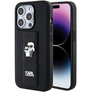 Aizmugurējais vāciņš Karl Lagerfeld  Karl Lagerfeld Gripstand Saffiano Karl&Choupette Pins case for iPhone 15 Pro - black 