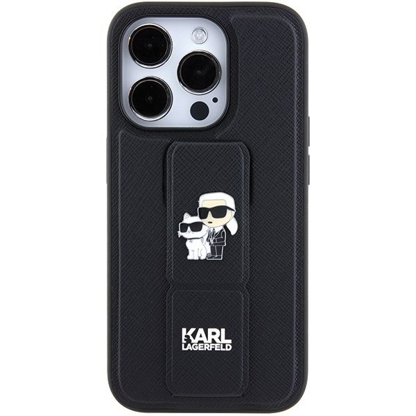 Aizmugurējais vāciņš Karl Lagerfeld Karl Lagerfeld Gripstand Saffiano Karl&Choupette Pins case for iPhone 15 Pro - black