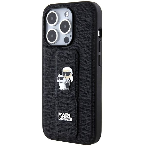 Aizmugurējais vāciņš Karl Lagerfeld Karl Lagerfeld Gripstand Saffiano Karl&Choupette Pins case for iPhone 15 Pro - black