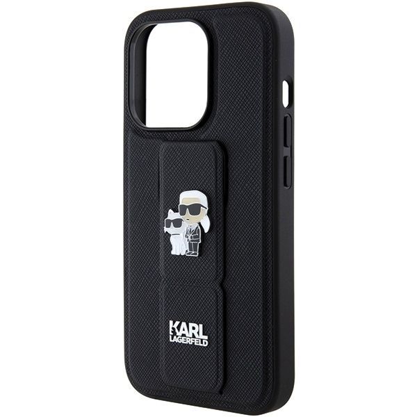 Aizmugurējais vāciņš Karl Lagerfeld Karl Lagerfeld Gripstand Saffiano Karl&Choupette Pins case for iPhone 15 Pro - black