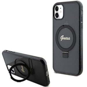 Nugarėlės dėklai Guess  Guess Ring Stand Script Glitter MagSafe case for iPhone 11 / Xr - black 