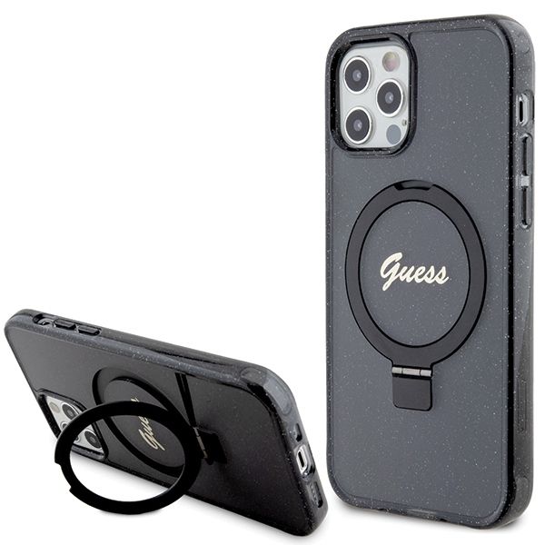 Nugarėlės dėklai Guess Guess Ring Stand Script Glitter MagSafe case for iPhone 12/12 Pro - black