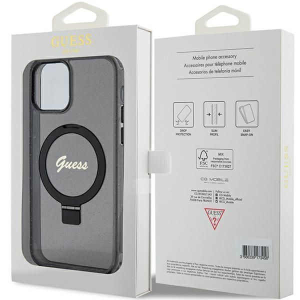 Nugarėlės dėklai Guess Guess Ring Stand Script Glitter MagSafe case for iPhone 12/12 Pro - black