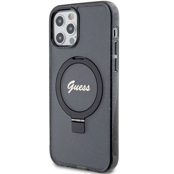 Nugarėlės dėklai Guess Guess Ring Stand Script Glitter MagSafe case for iPhone 12/12 Pro - black