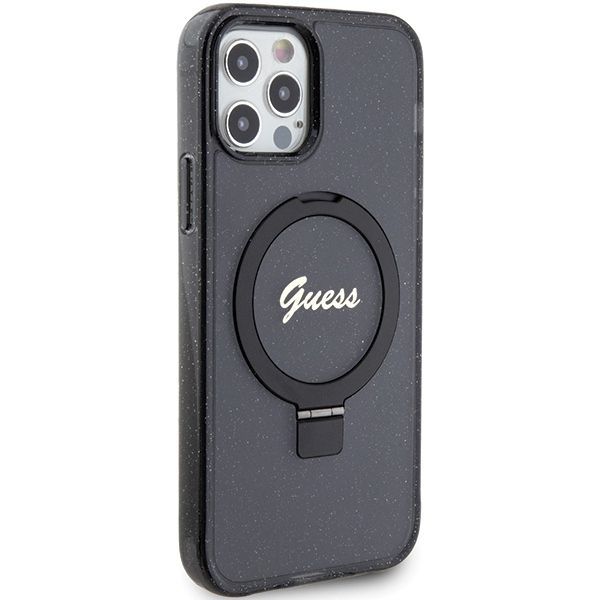 Nugarėlės dėklai Guess Guess Ring Stand Script Glitter MagSafe case for iPhone 12/12 Pro - black