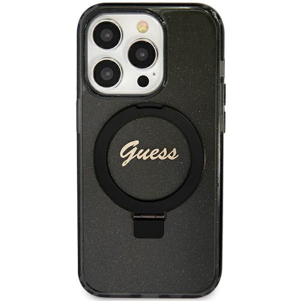 Nugarėlės dėklai Guess Guess Ring Stand Script Glitter MagSafe case for iPhone 12/12 Pro - black