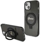 Back panel cover Guess  Guess Ring Stand Script Glitter MagSafe case for iPhone 14 / 15 / 13 - black 