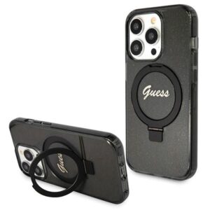 Nugarėlės dėklai Guess  Guess Ring Stand Script Glitter MagSafe case for iPhone 14 Pro Max - black 