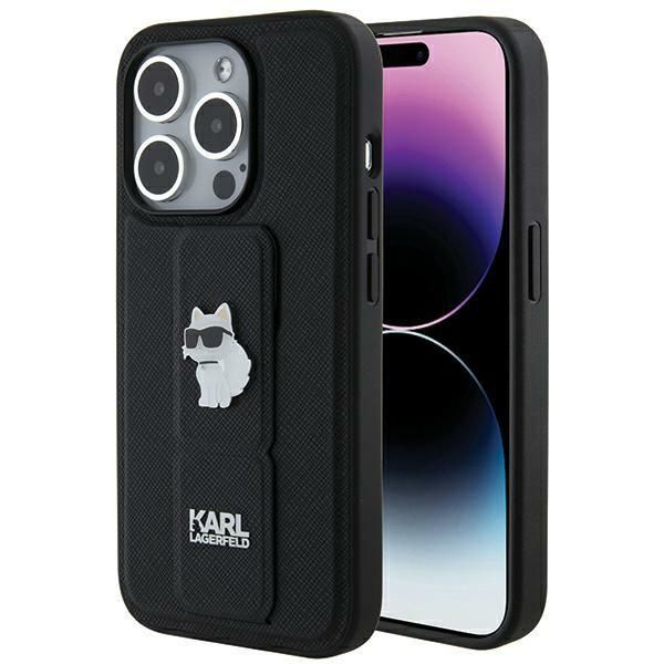 Nugarėlės dėklai Karl Lagerfeld Karl Lagerfeld Gripstand Saffiano Choupette Pins case for iPhone 14 Pro - black
