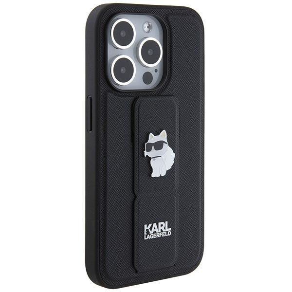 Nugarėlės dėklai Karl Lagerfeld Karl Lagerfeld Gripstand Saffiano Choupette Pins case for iPhone 14 Pro - black