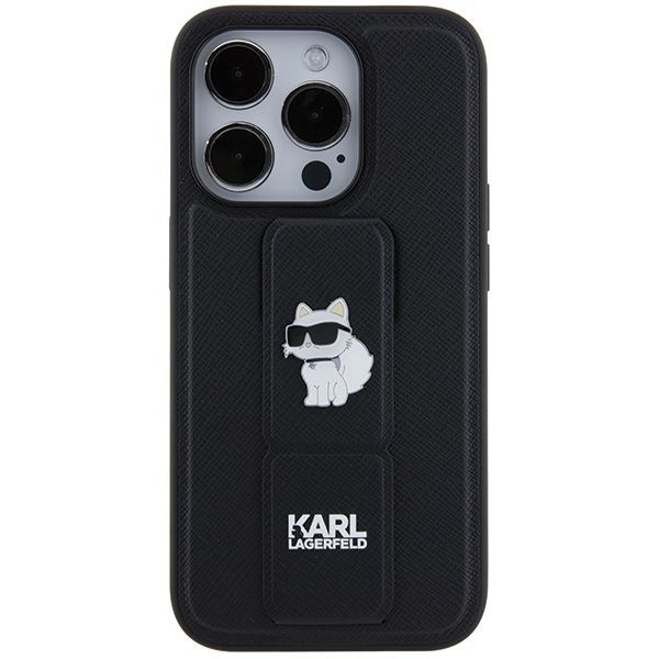 Nugarėlės dėklai Karl Lagerfeld Karl Lagerfeld Gripstand Saffiano Choupette Pins case for iPhone 14 Pro - black