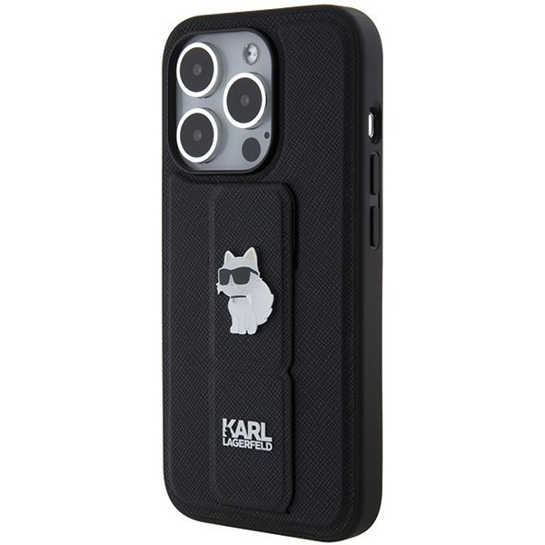 Nugarėlės dėklai Karl Lagerfeld Karl Lagerfeld Gripstand Saffiano Choupette Pins case for iPhone 14 Pro - black