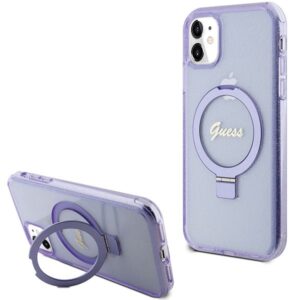 Nugarėlės dėklai Guess  Guess Ring Stand Script Glitter MagSafe case for iPhone 11 / Xr - purple 