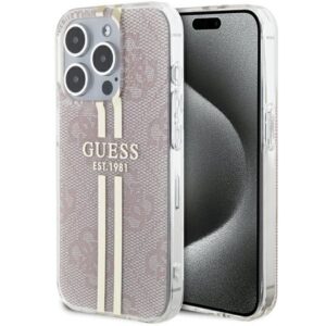 Nugarėlės dėklai Guess  Guess IML 4G Gold Stripe case for iPhone 15 Pro - pink