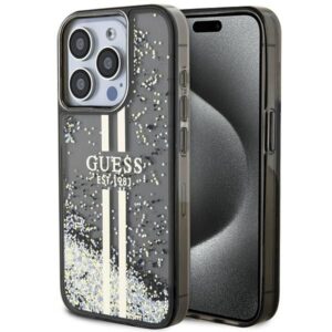 Nugarėlės dėklai Guess  Guess Liquid Glitter Gold Stripes case for iPhone 15 Pro - black
