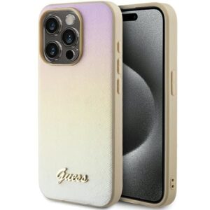 Nugarėlės dėklai Guess  Guess Saffiano Iridescent Script case for iPhone 15 Pro - gold