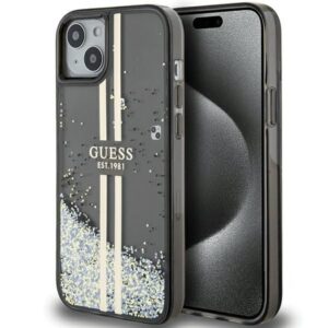 Nugarėlės dėklai Guess  Guess Liquid Glitter Gold Stripes case for iPhone 15 Plus / 14 Plus - black