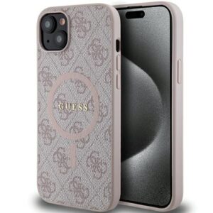 Aizmugurējais vāciņš Guess  Guess 4G Collection Leather Metal Logo MagSafe Case for iPhone 14/15/13 - Pink