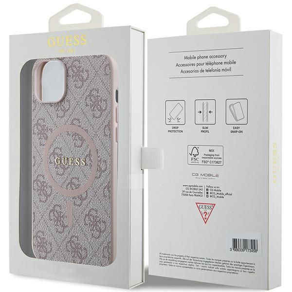 Back panel cover Guess Guess 4G Collection Leather Metal Logo MagSafe Case for iPhone 14/15/13 - Pink